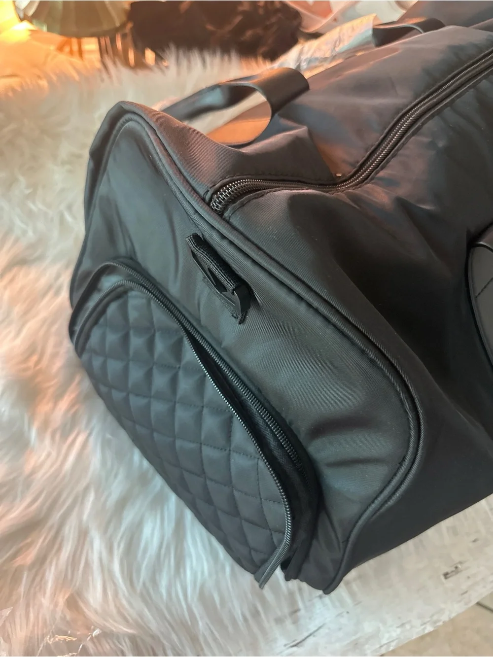Black Quilted Nylon Travel Duffel Bag